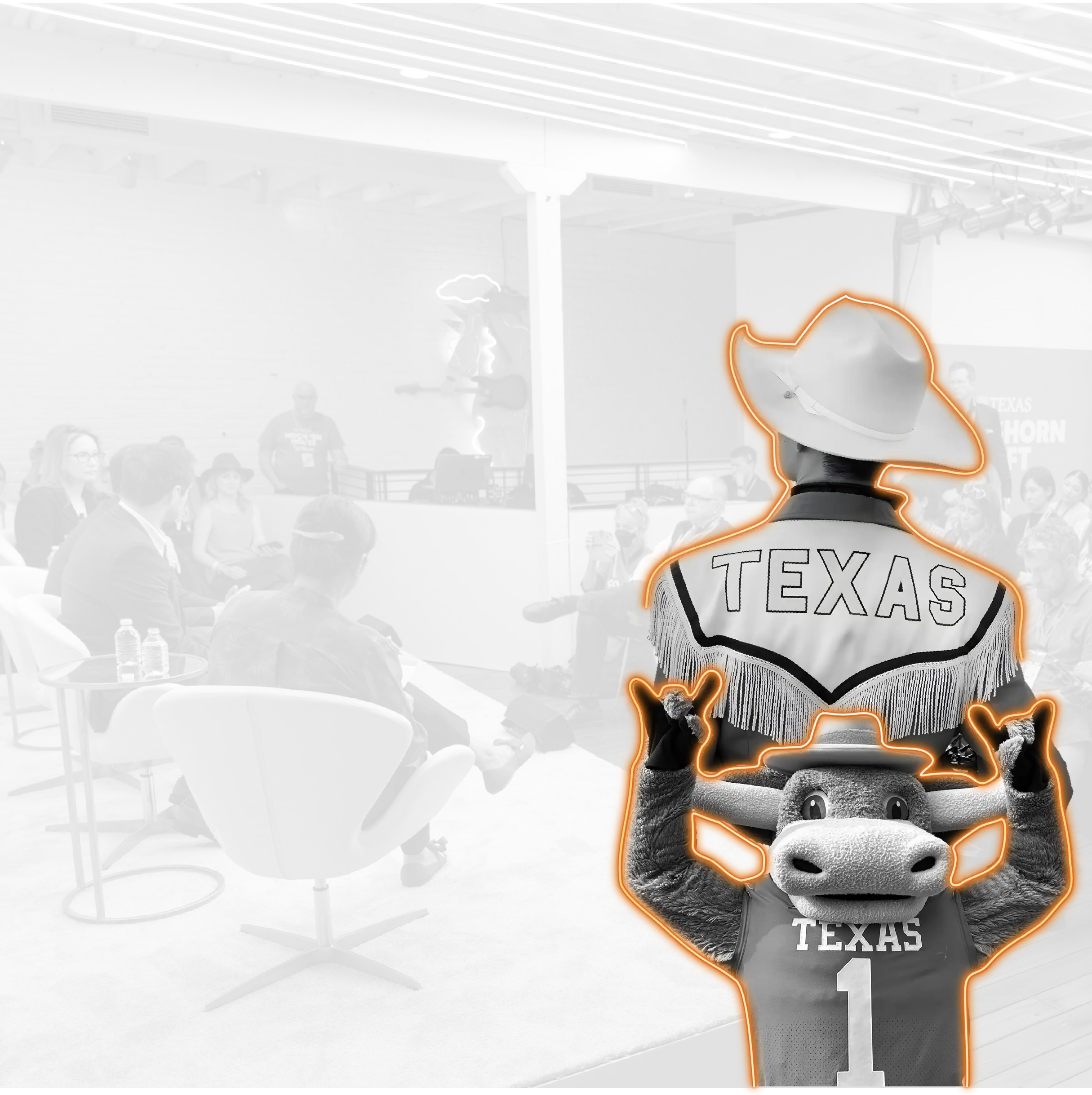 background image collage to Hook 'em mascot, UT band member, and panel talk and crowd