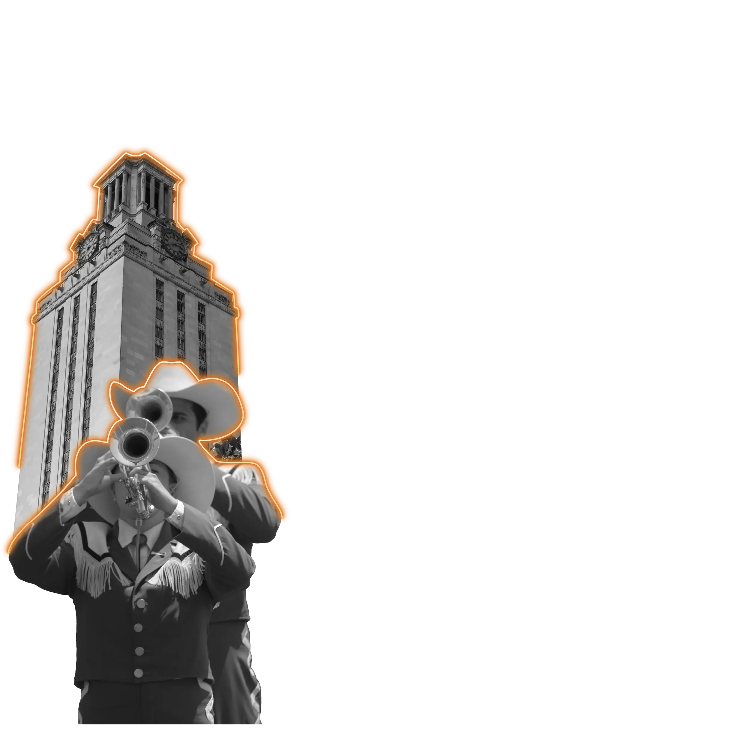 background image collage to UT tower and band members with trumpets